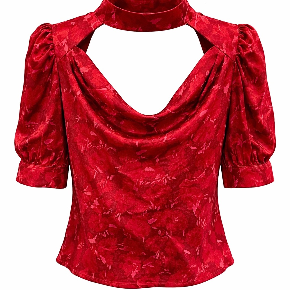 ASTR The Label Red Floral Satin Cowl Neck Top NWT Size M